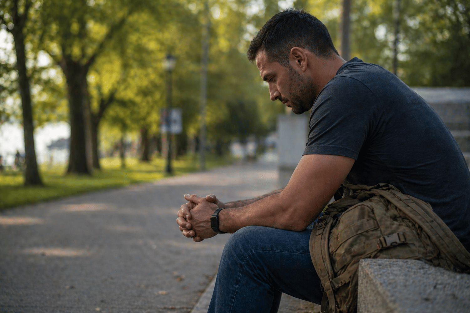 Military veteran sitting in a park looking down, representing stress, anxiety, and adjustment to civilian life after service