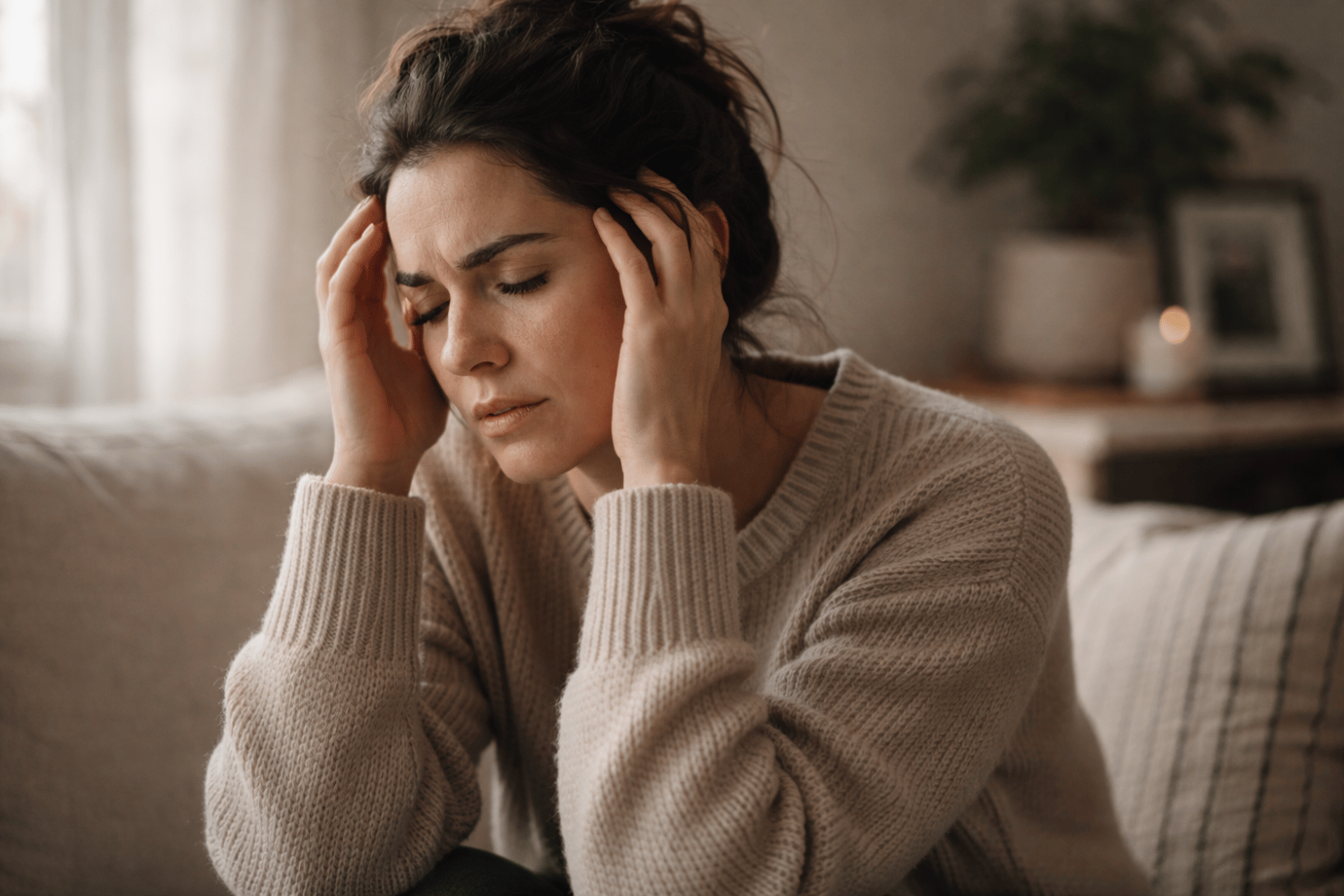 Woman sitting indoors with her hands at her temples and eyes closed, appearing overwhelmed and distressed, representing anxiety, emotional strain, or the weight of difficult thoughts. Woman sitting indoors with her hands at her temples and eyes closed appearing overwhelmed and distressed representing anxiety emotional strain or the weight of difficult thoughts