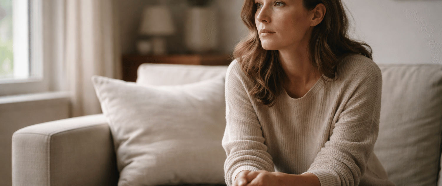 Woman sitting on a couch in a softly lit room, looking off thoughtfully with a calm, reflective expression, representing emotional processing, healing, and the quiet moments of moving forward.