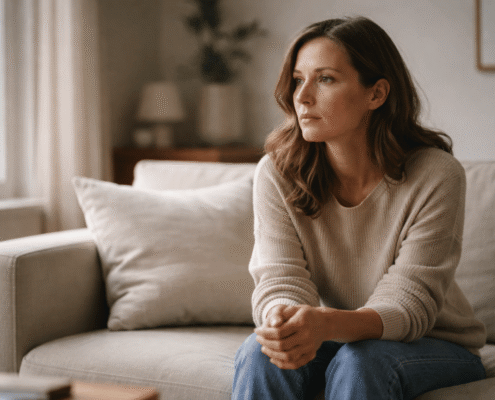 PTSD Symptoms and Healing What Trauma Feels Like and How Support Helps 1 Woman sitting on a couch in a softly lit room, looking off thoughtfully with a calm, reflective expression, representing emotional processing, healing, and the quiet moments of moving forward.