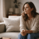 Woman sitting on a couch in a softly lit room, looking off thoughtfully with a calm, reflective expression, representing emotional processing, healing, and the quiet moments of moving forward.