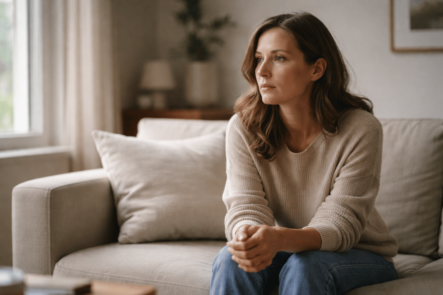 Woman sitting on a couch in a softly lit room, looking off thoughtfully with a calm, reflective expression, representing emotional processing, healing, and the quiet moments of moving forward Woman sitting on a couch in a softly lit room, looking off thoughtfully with a calm, reflective expression, representing emotional processing, healing, and the quiet moments of moving forward.