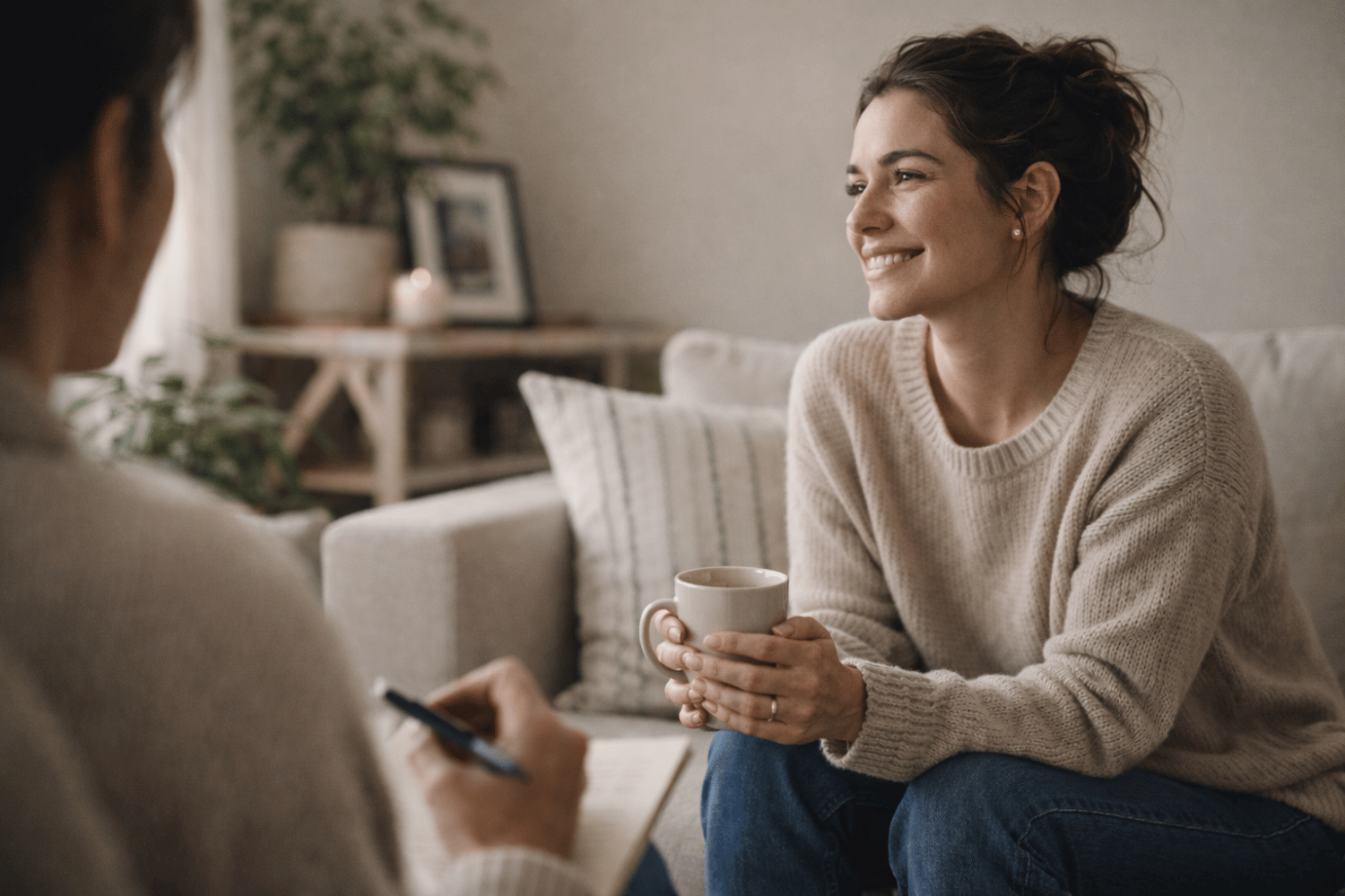 Woman sitting on a couch smiling and talking with a therapist, holding a warm drink, representing support, connection, and the hopeful beginning of the healing process Woman sitting on a couch smiling and talking with a therapist holding a warm drink representing support connection and the hopeful beginning of the healing process
