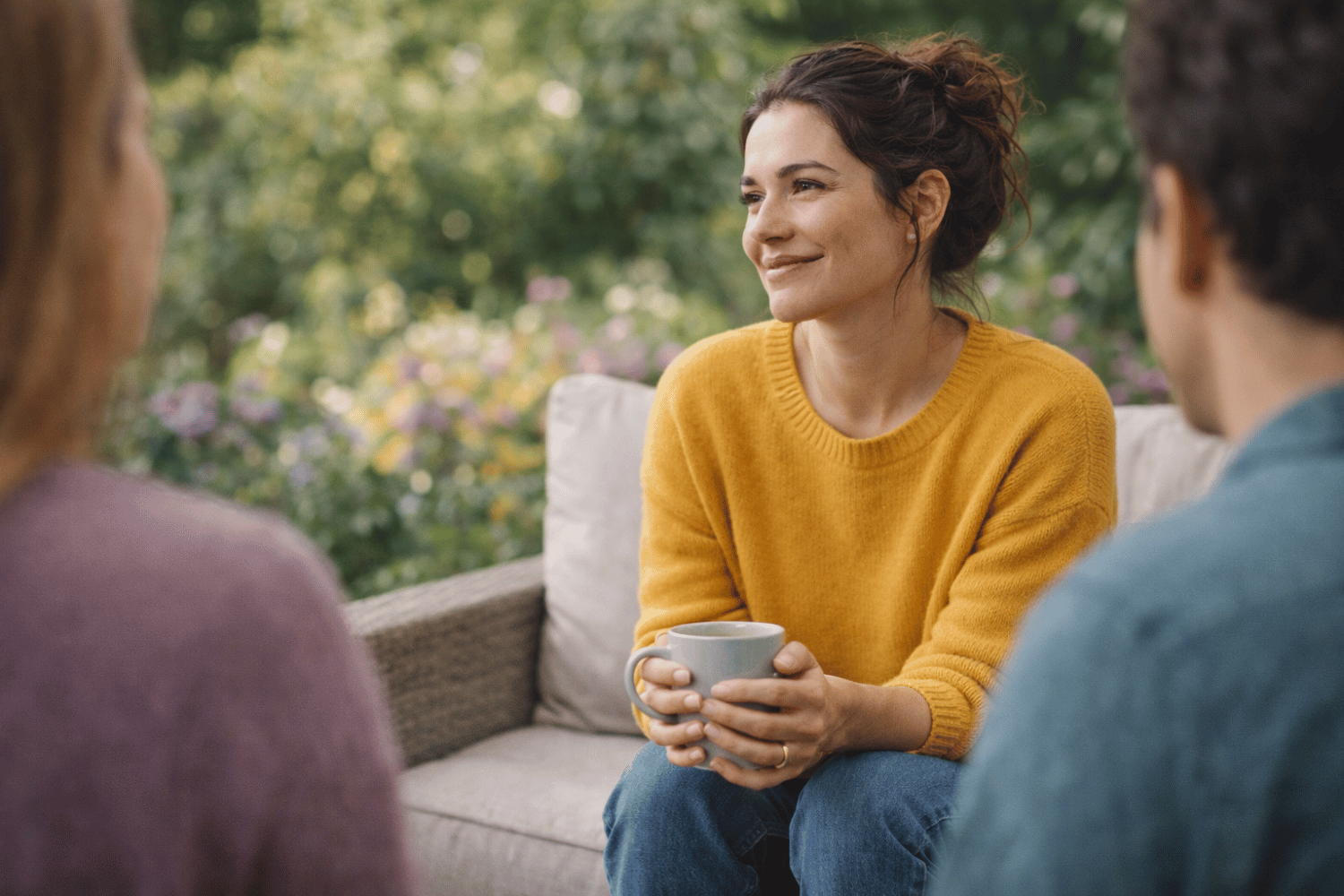Woman sitting outdoors with two others, holding a mug and smiling gently, representing connection, support, and a sense of comfort in shared conversation Woman sitting outdoors with two others, holding a mug and smiling gently, representing connection, support, and a sense of comfort in shared conversation.