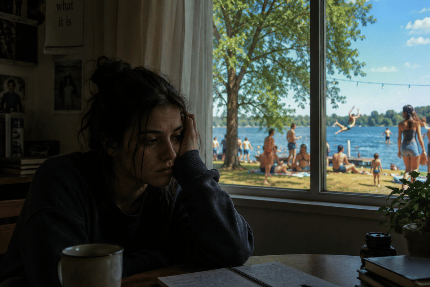Person Feeling Emotionally Overwhelmed During Summer While Watching Outdoor Activities From Inside Representing Seasonal Anxiety And Emotional
