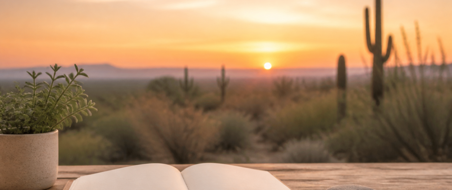 Serene Sonoran Desert Sunrise With A Journal And Grounding Stone