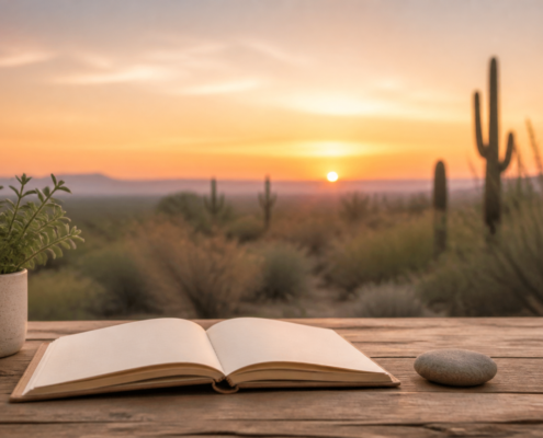 Serene Sonoran Desert Sunrise With A Journal And Grounding Stone